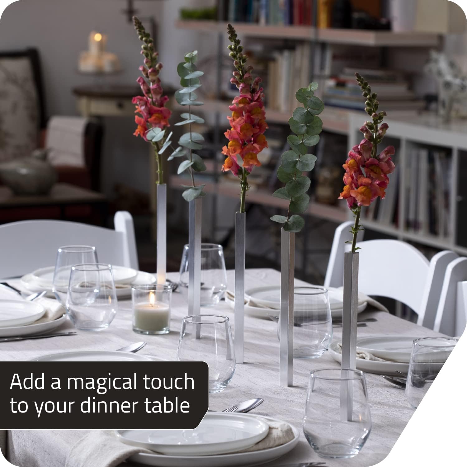 PELEG DESIGN Magnetic Bud Vase Set (Silver) - Unique Home Decor Gift & Modern Table Centerpiece - 5 Aluminum Single Stem Vases - 9.4" Tall Gravity Defying Decor
