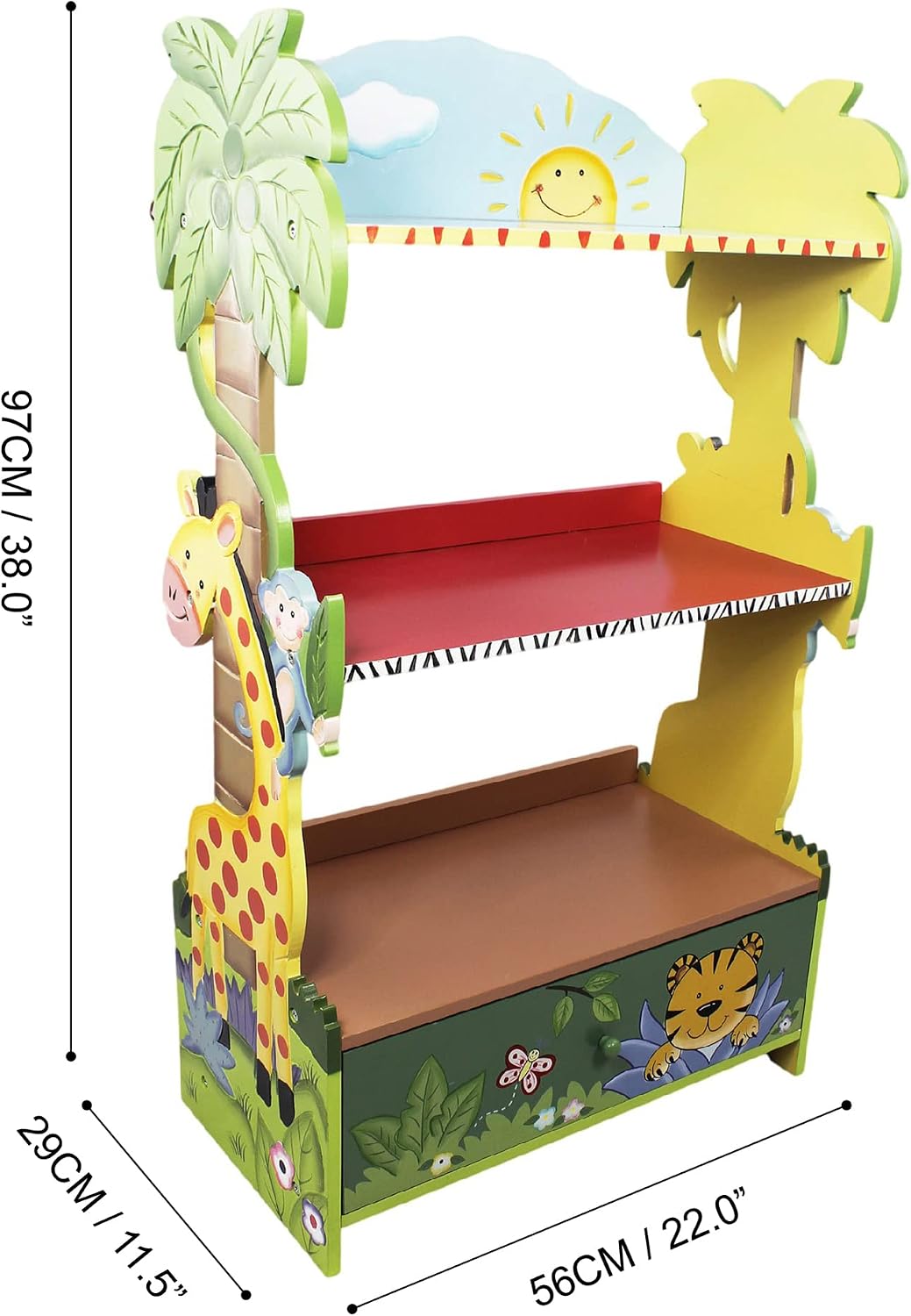 Fantasy Fields Sunny Safari Kids Wooden Bookshelf with Storage Drawers, Multicolor