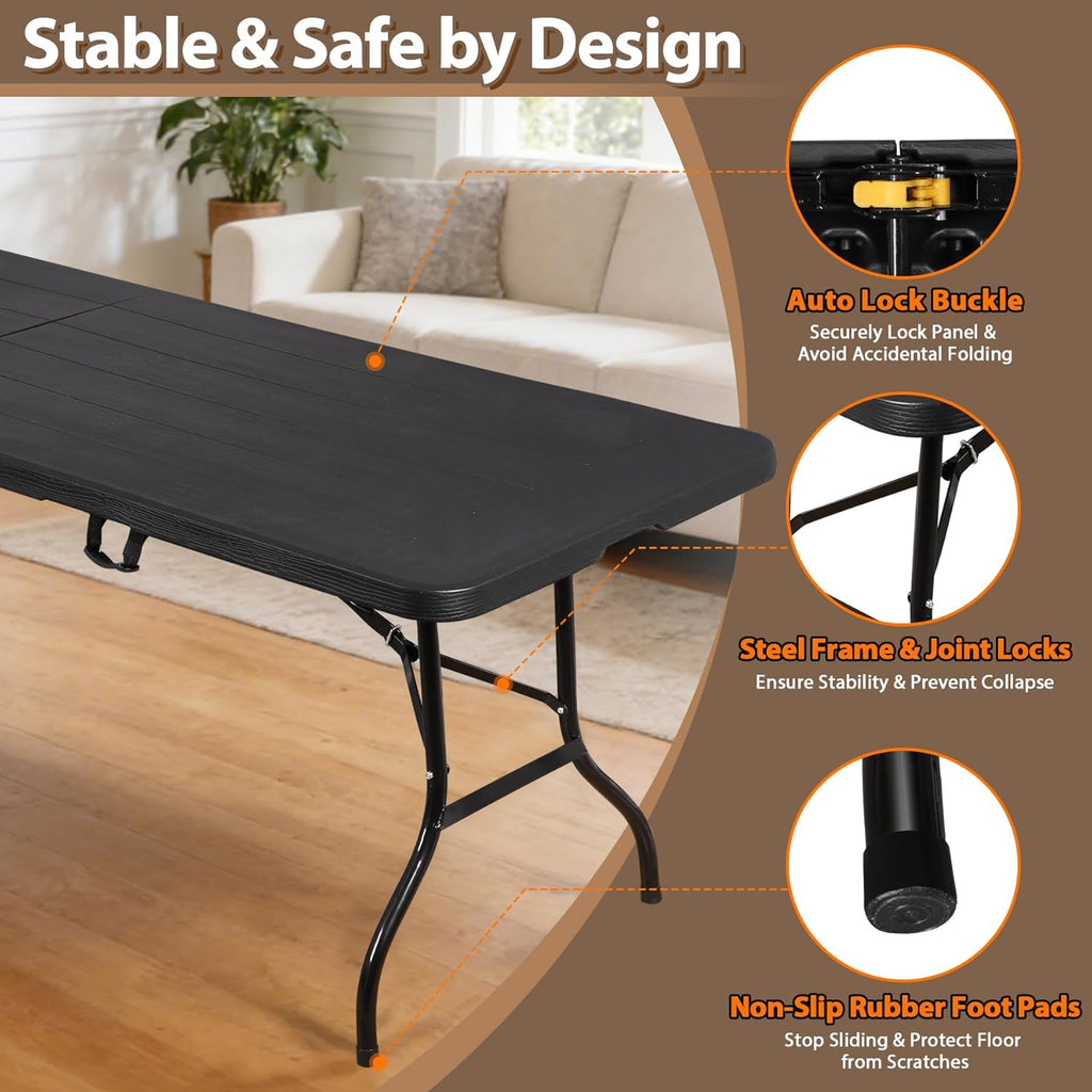 Folding Event Table, Heavy Duty Picnic Table Indoor Outdoor Camping, 8FT Portable w Handle Lock for Banquet, Black