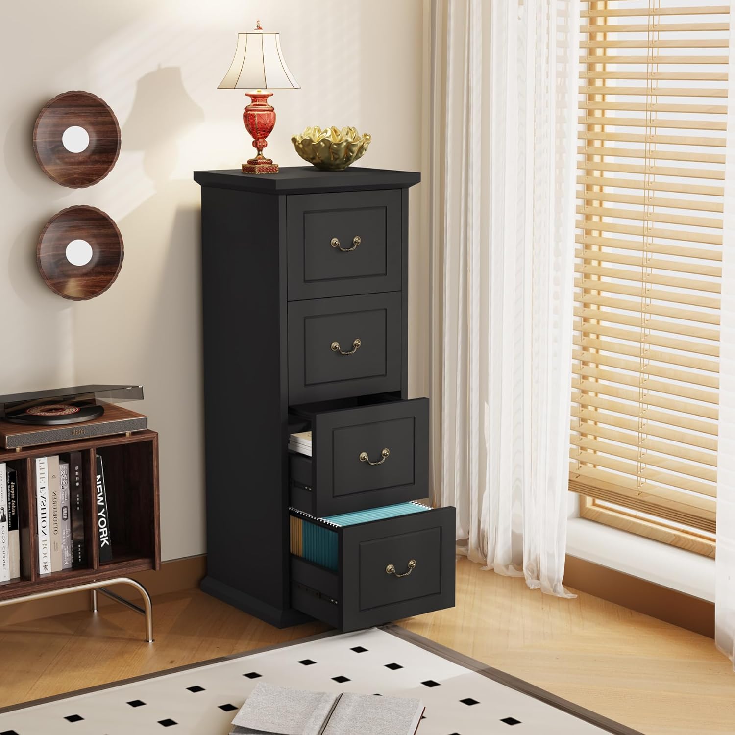 Tribesigns 4-Drawer File Cabinet, Tall Wood Filing Cabinet for A4/Letter/Legal Files, Vertical File Storage Printer Stand with Hanging Rails for Home Office, Black