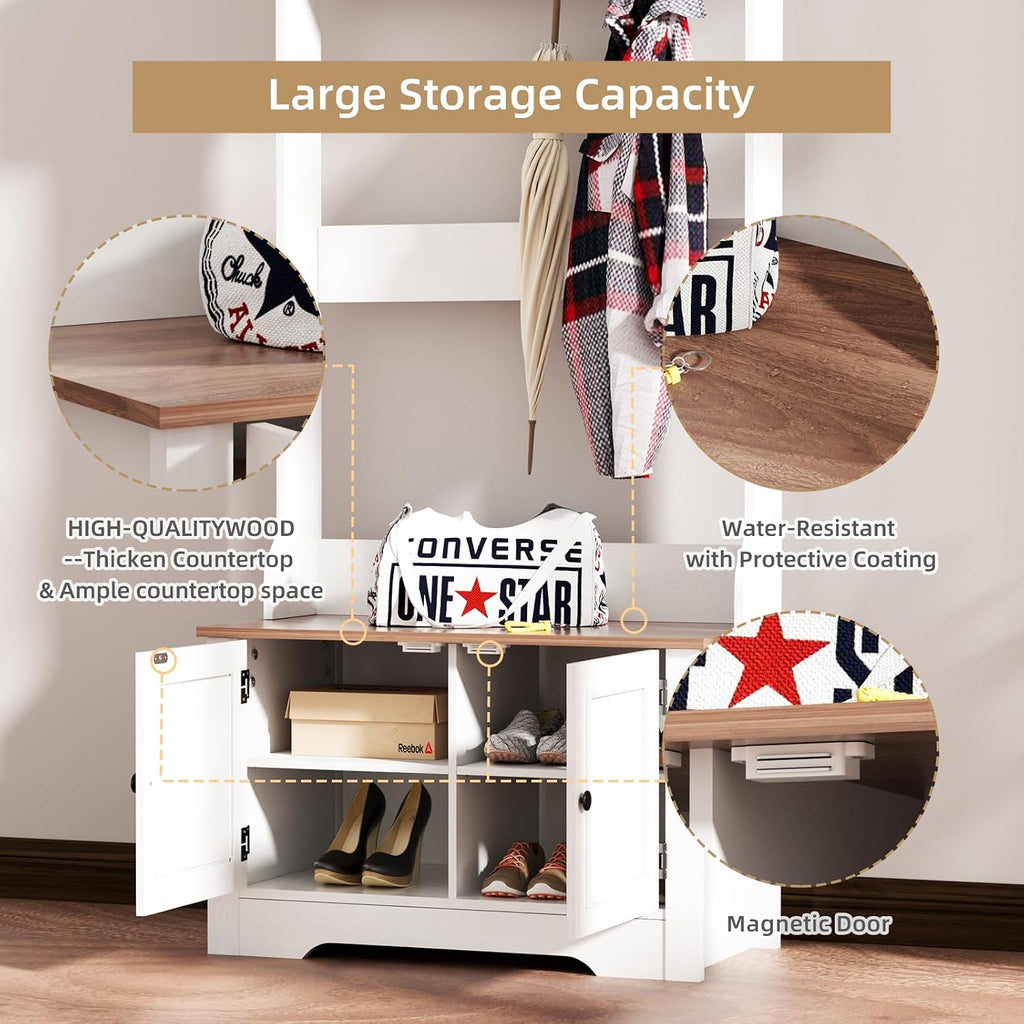Hall Tree with Shoe Rack, 5-in-1 Farmhouse Coat Rack with Shoe Bench, Standing Shoe Storage with 3 Hooks for Front Door Entrance Mudroom Entryway Bedroom Hallway Living Room, White and Walnut