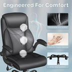 Ergonomic Office Chair, Big and Tall Office Chair, Executive Chair- Padded Leather Comfy Chair with Adjustable Lumbar Support & Flip-Up Arms, Rocking Swivel Chair for Home Office,Black
