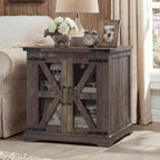 Farmhouse End Table, 24" Large End Tables with Storage, Rustic Square Sofa Beside Table with Glass Barn Door, Wood Side Table Square Nightstand for Living Room, Bedroom, Office (Antique Finish)