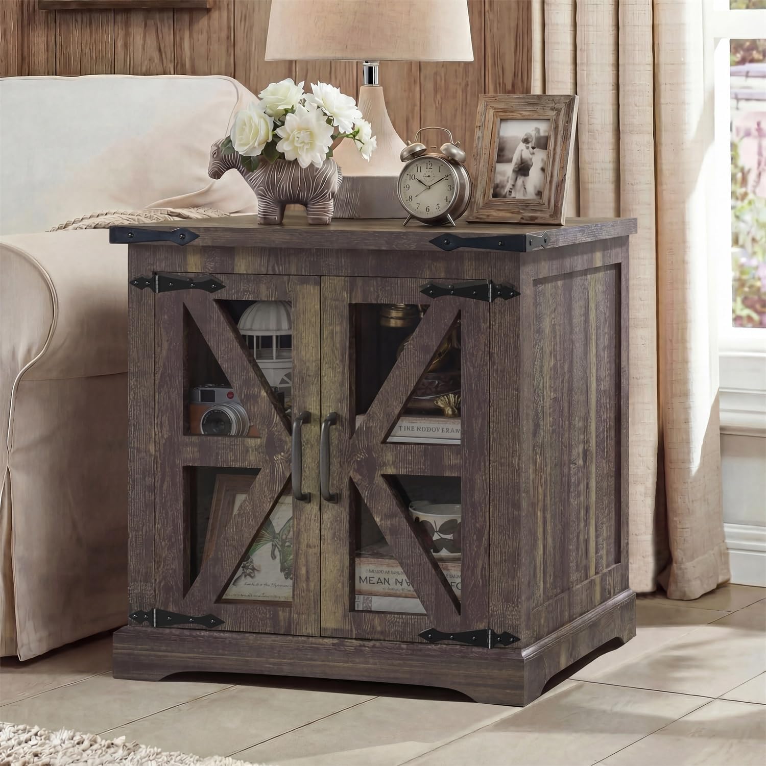 Farmhouse End Table, 24" Large End Tables with Storage, Rustic Square Sofa Beside Table with Glass Barn Door, Wood Side Table Square Nightstand for Living Room, Bedroom, Office (Antique Finish)