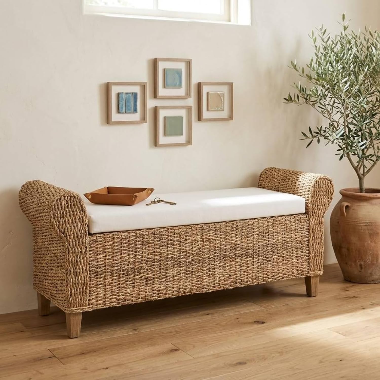 56" Rattan Storage Bench with Rolled Arms, Bohemian Farmhouse End of Bed Upholstered Benches, Interior Divided Entryway Footstool with Solid Wood Legs, Natural
