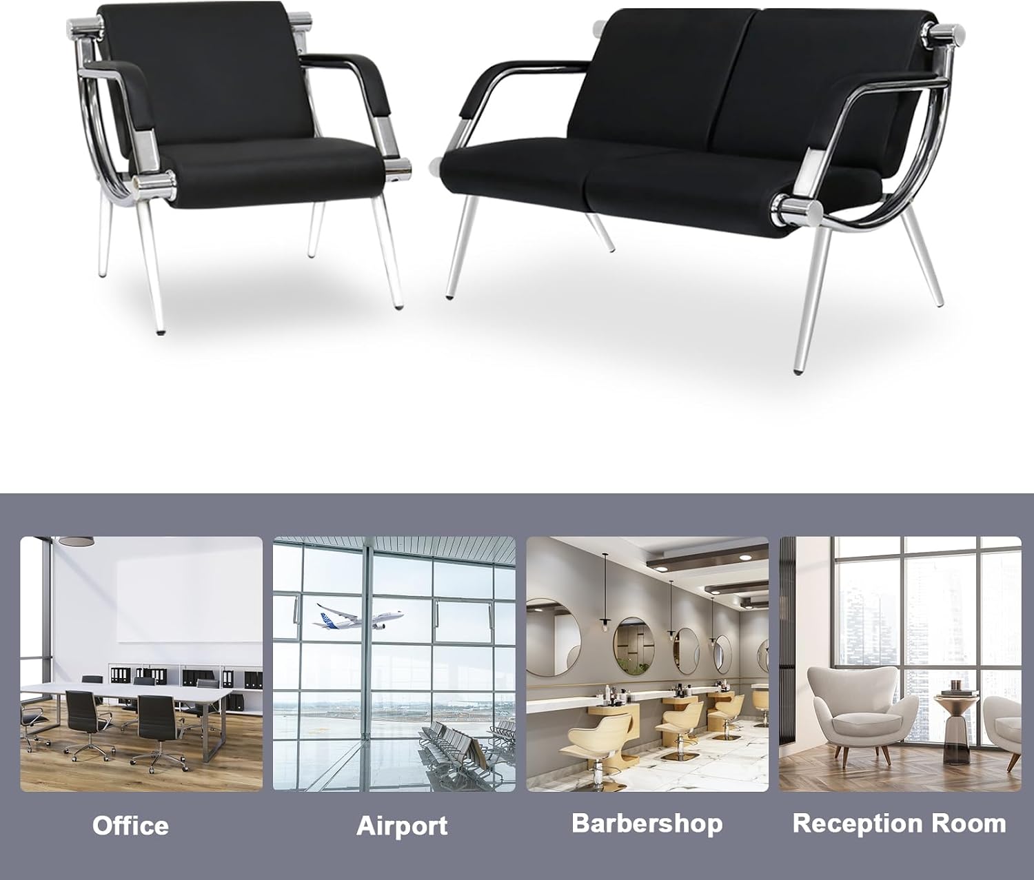 kinbor Waiting Room Chairs Office Bench - Black PU Leather Airport Seating Reception Chairs with Armrest for Waiting Room Office Bank Salon