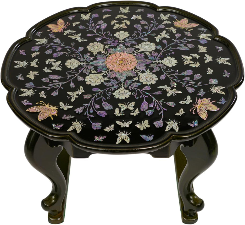 February Mountain Mother of Pearl Tray Table – Round Tea Table with Floral Butterfly Inlay, Small Decorative Side Table for Living Room, Home Decor Accent (Black)