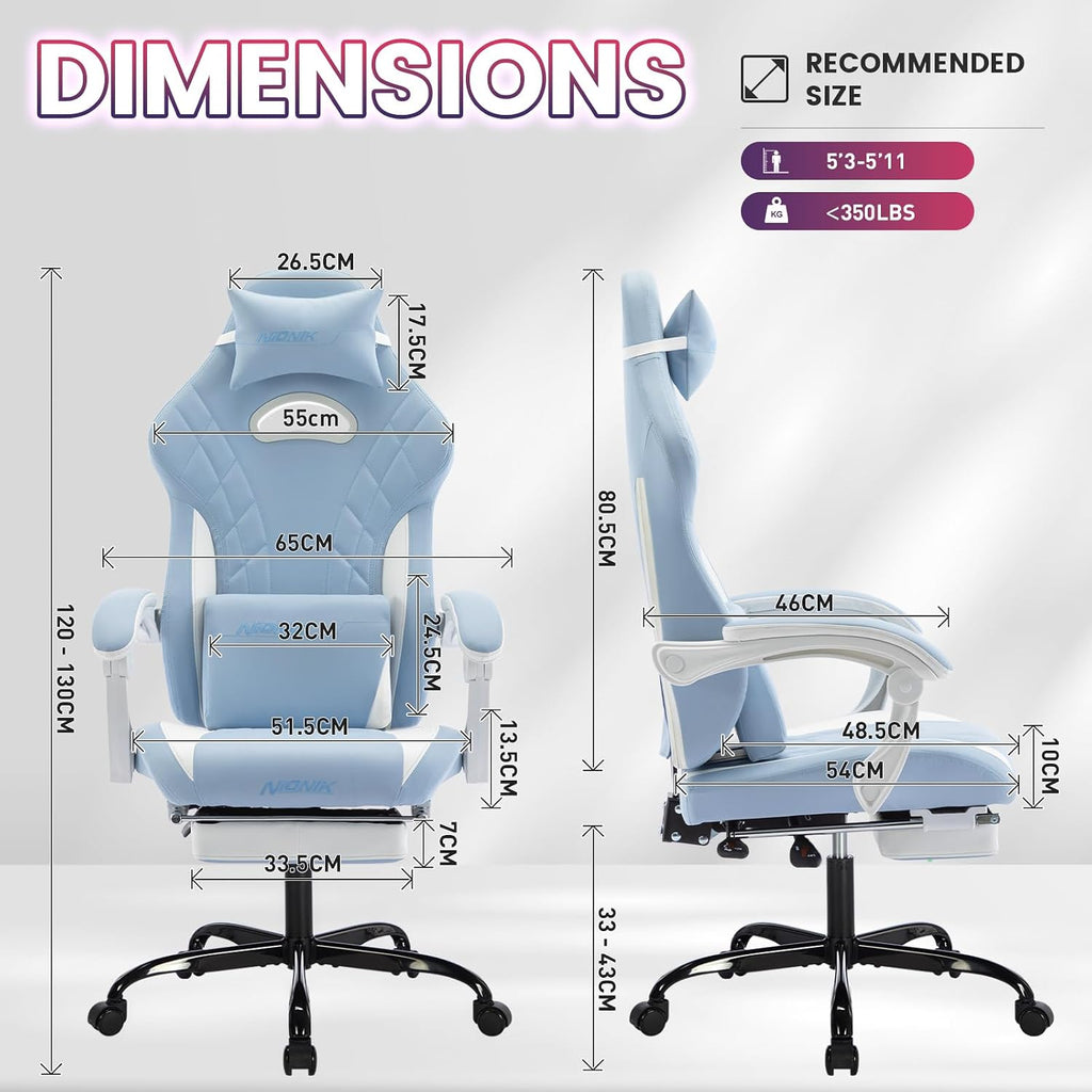 Gaming Chair with Footrest and Massage Lumbar Support, Ergonomic Computer Gamer Chair, Office Video Game Chairs (Cyan White)