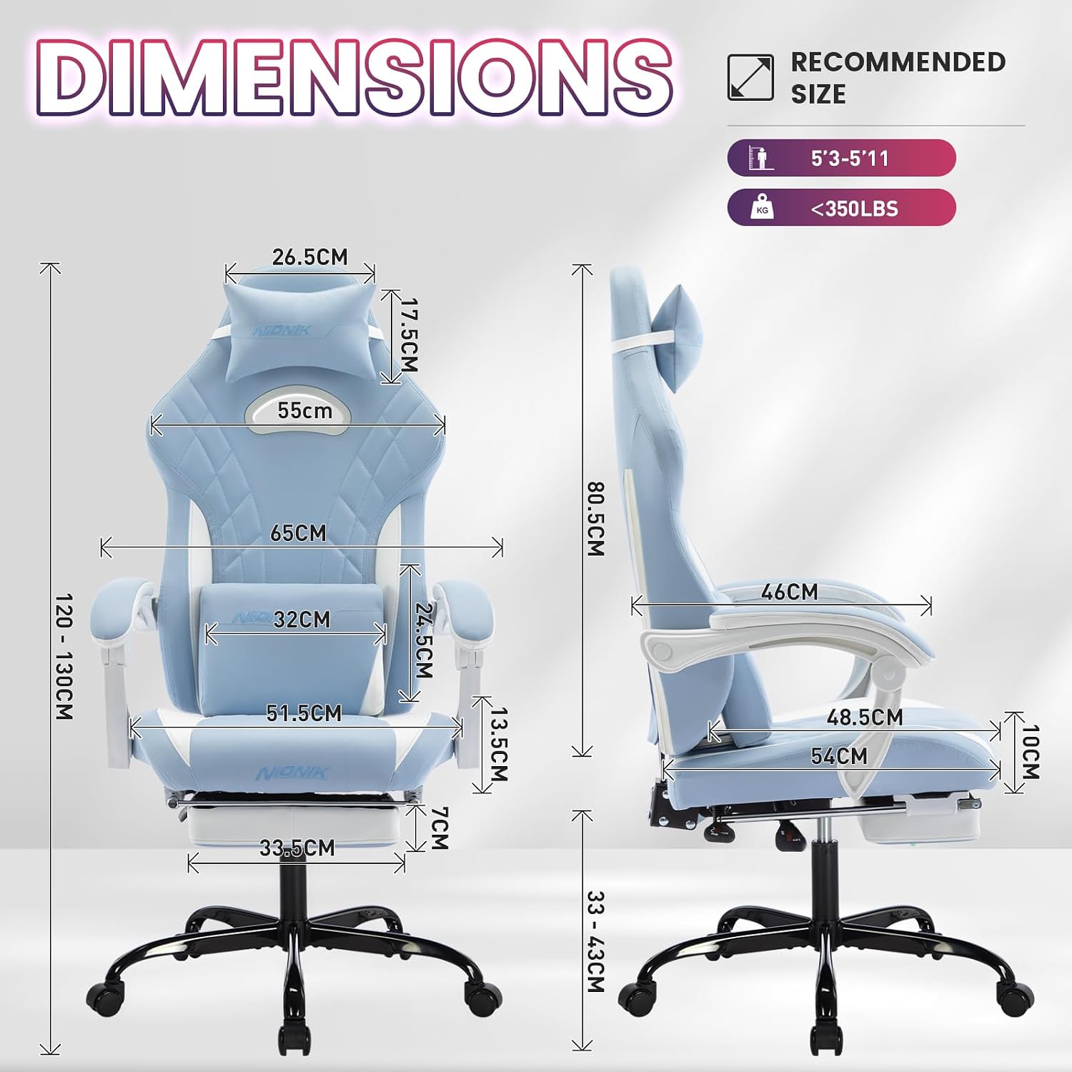 Gaming Chair with Footrest and Massage Lumbar Support, Ergonomic Computer Gamer Chair, Office Video Game Chairs (Cyan White)