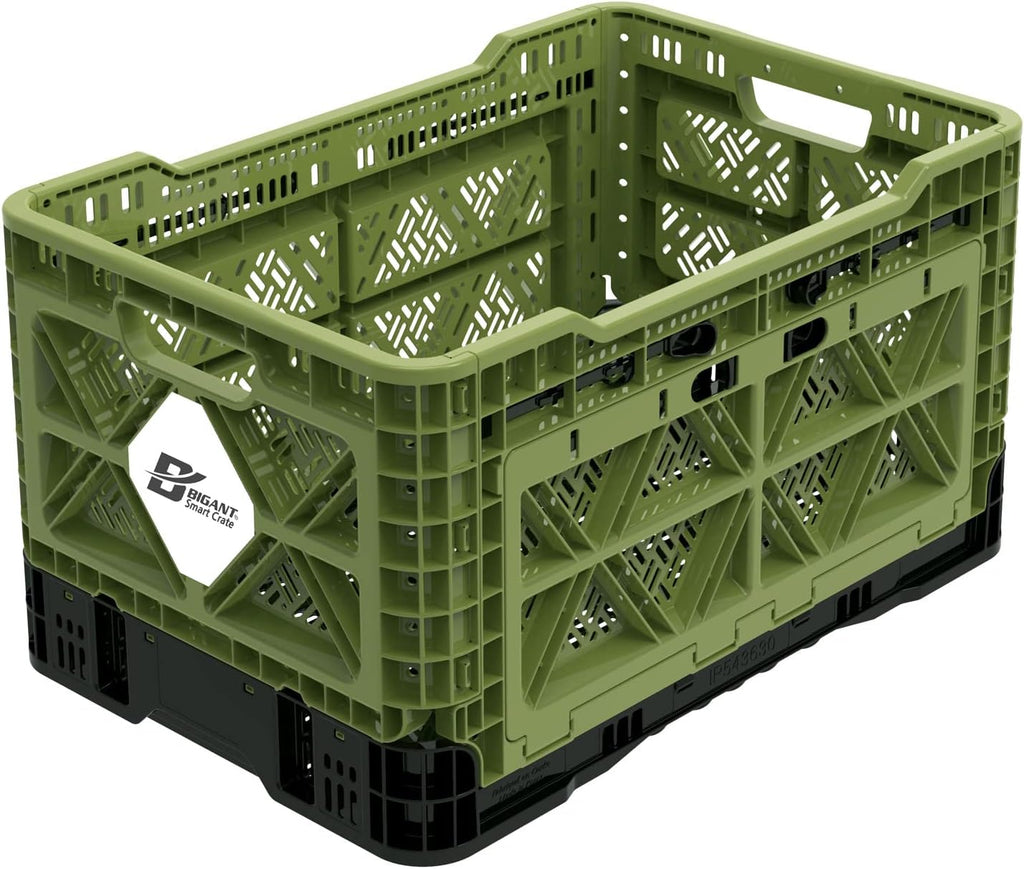 Bigant Heavy Duty Collapsible & Stackable Plastic Milk Crate-Medium Size, Olive, Stackable Open Front Organizer, Set of 1, Snap Lock Foldable Industrial Garage Storage Bin Container Utility Basket