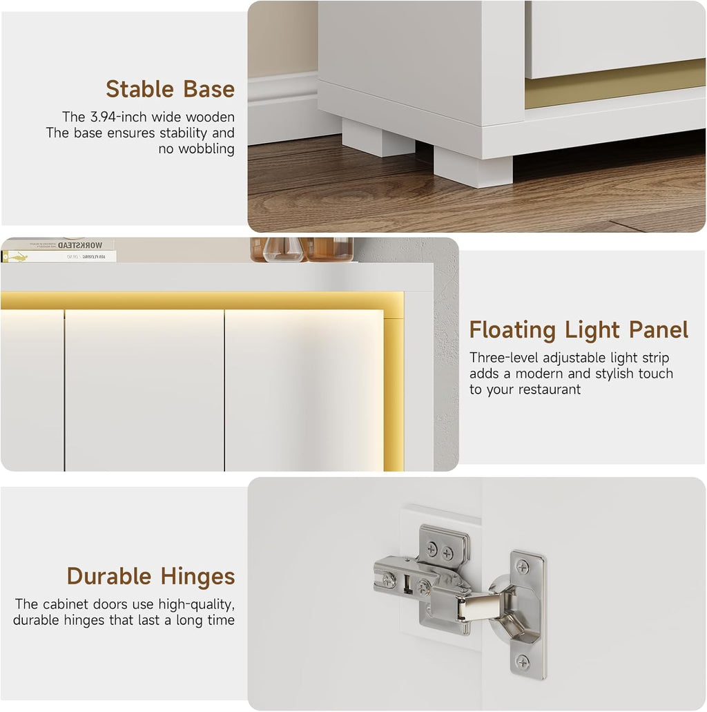 63"Sideboard Buffet Cabinet,Kitchen Buffet Storage Cabinet with Power Outlets & LED Light, Modern Storage Cabinet with 4 Doors,Coffee Bar Console Wine Bar for Living Room,Kitchen,Hallway (White)