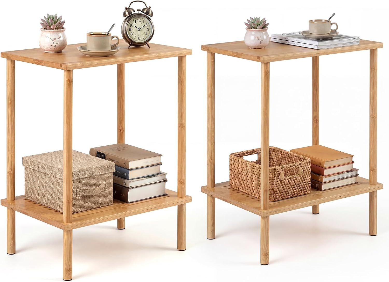 Giantex Bamboo Side Table Set of 2, 2-Tier Sofa End Bedside Table w/Storage Shelves, Rectangular Accent Coffee Tables, Narrow Nightstand for Small Spaces, Boho Night Stand for Living Room Bedroom
