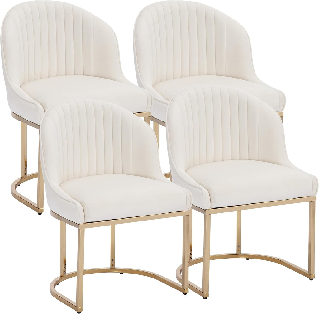 Velvet Dining Chairs Set of 4, Upholstered Dining Room Chairs with Golden Metal Legs, Modern Kitchen Side Chairs Reading Chair (Golden - Beige, Set of 4)