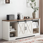 AMERLIFE 4-Piece Farmhouse Table Set Includes Sliding Barn Door TV Stand, Coffee Table& Two End Tables, Side Table with Charging Station and USB Ports for Living Room, Distressed White, 66"