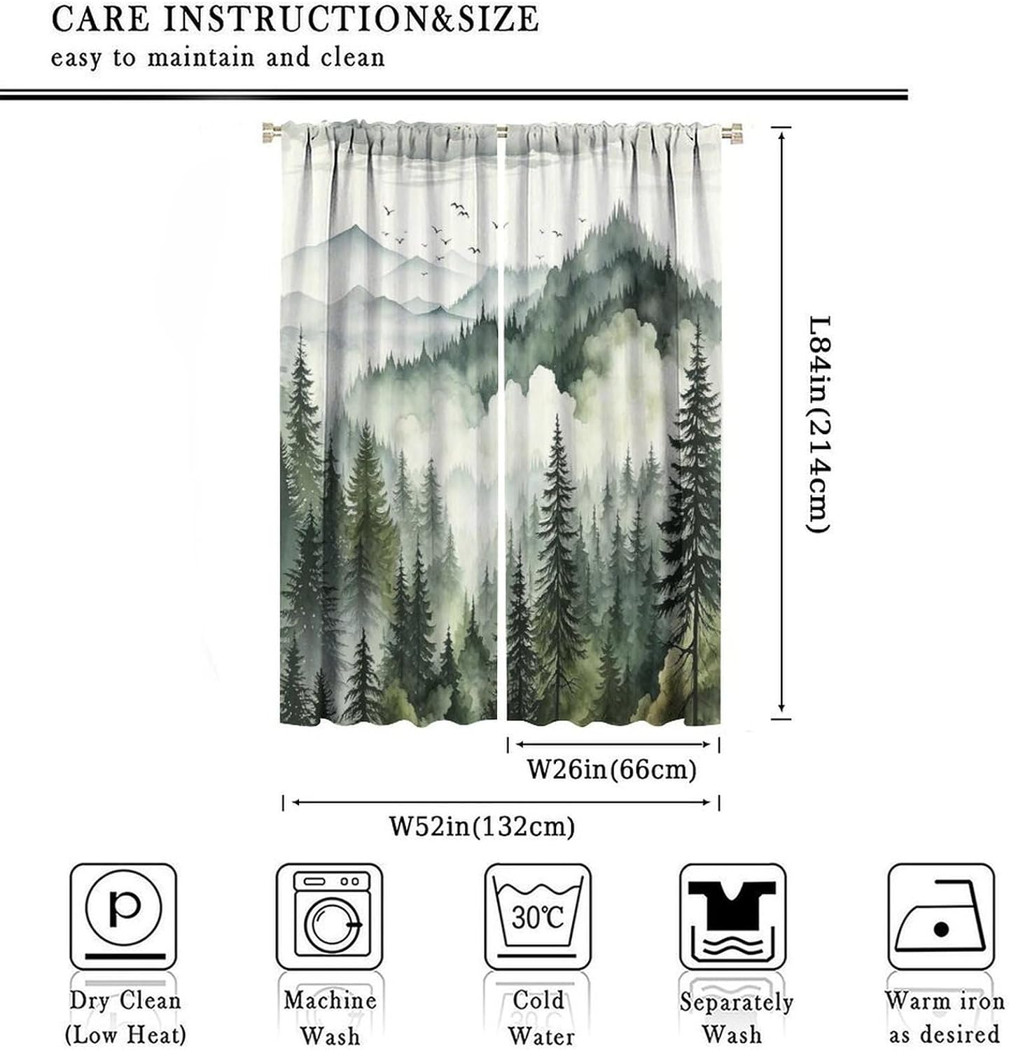Woodland Curtains Nature Forest Theme, Vintage Rustic Watercolor Green Misty Landscape Print Rod Pocket Drapes for Kitchen Bathroom Living Room Kids Room, 2 Panels W52 x L84 Inch