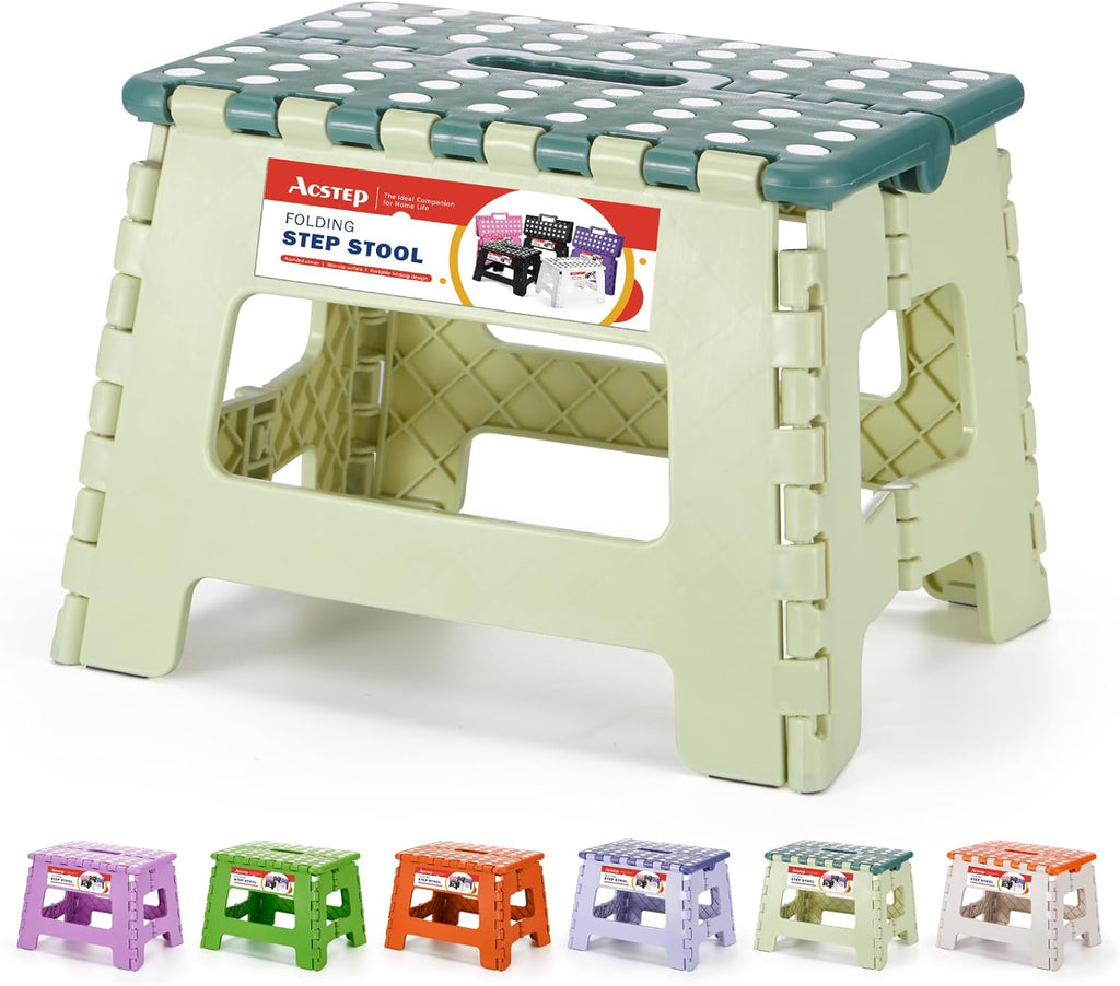 ACSTEP 9 Inch Folding Step Stool 300 LB Capacity Plastic Foldable Step Stools for Kids and Adults, Folding Stool Suitable for Kitchen, Stepping Stool with Handle Bicolor Green Small Step Stool 1PC