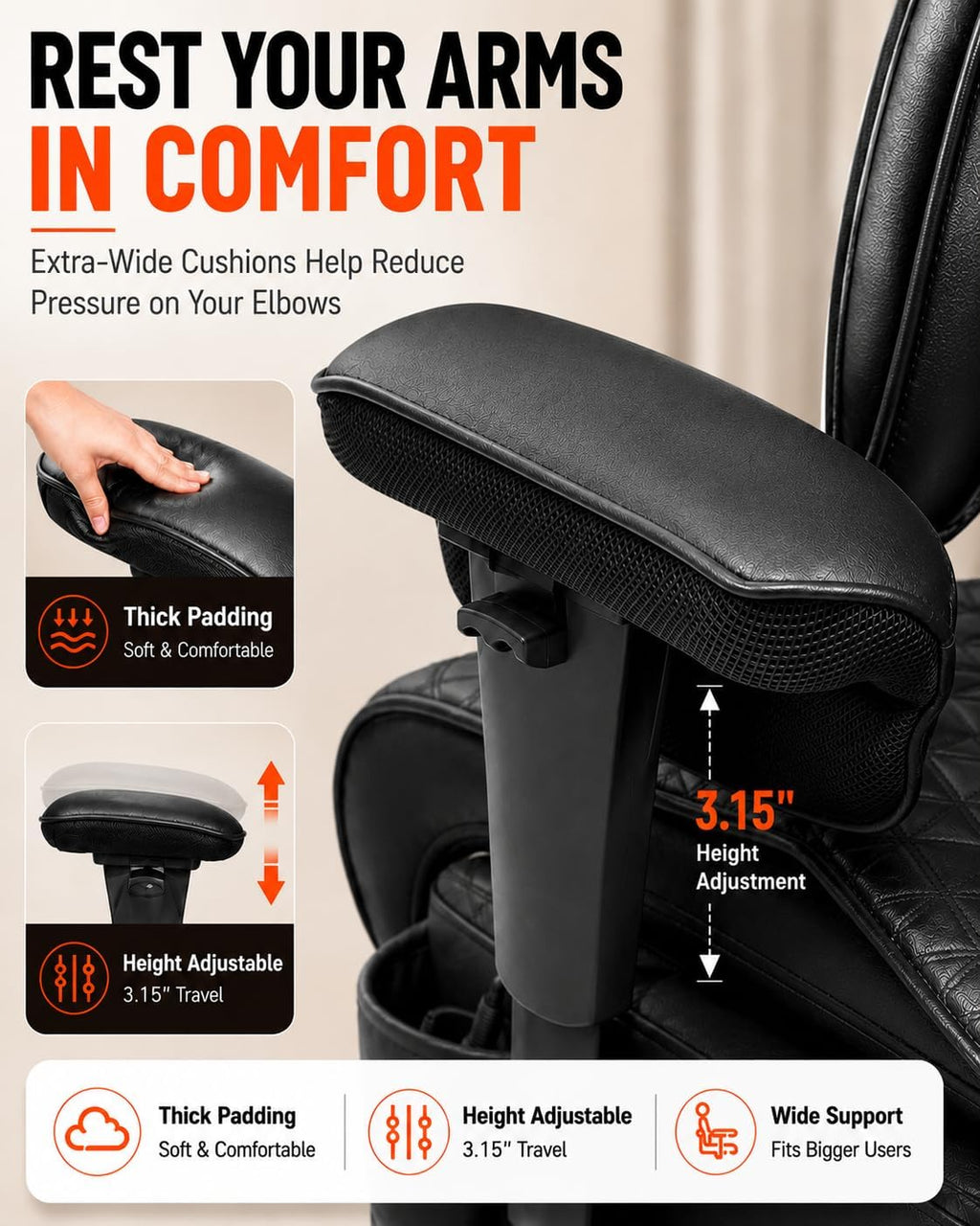 6 Points Massage Big and Tall Office Chair with Foot Rest, 500LBS Heavy Duty Desk Chair with Adjustable Lift Armrests, Ergonomic Computer Chair for Home Office, Gaming & Study，Black