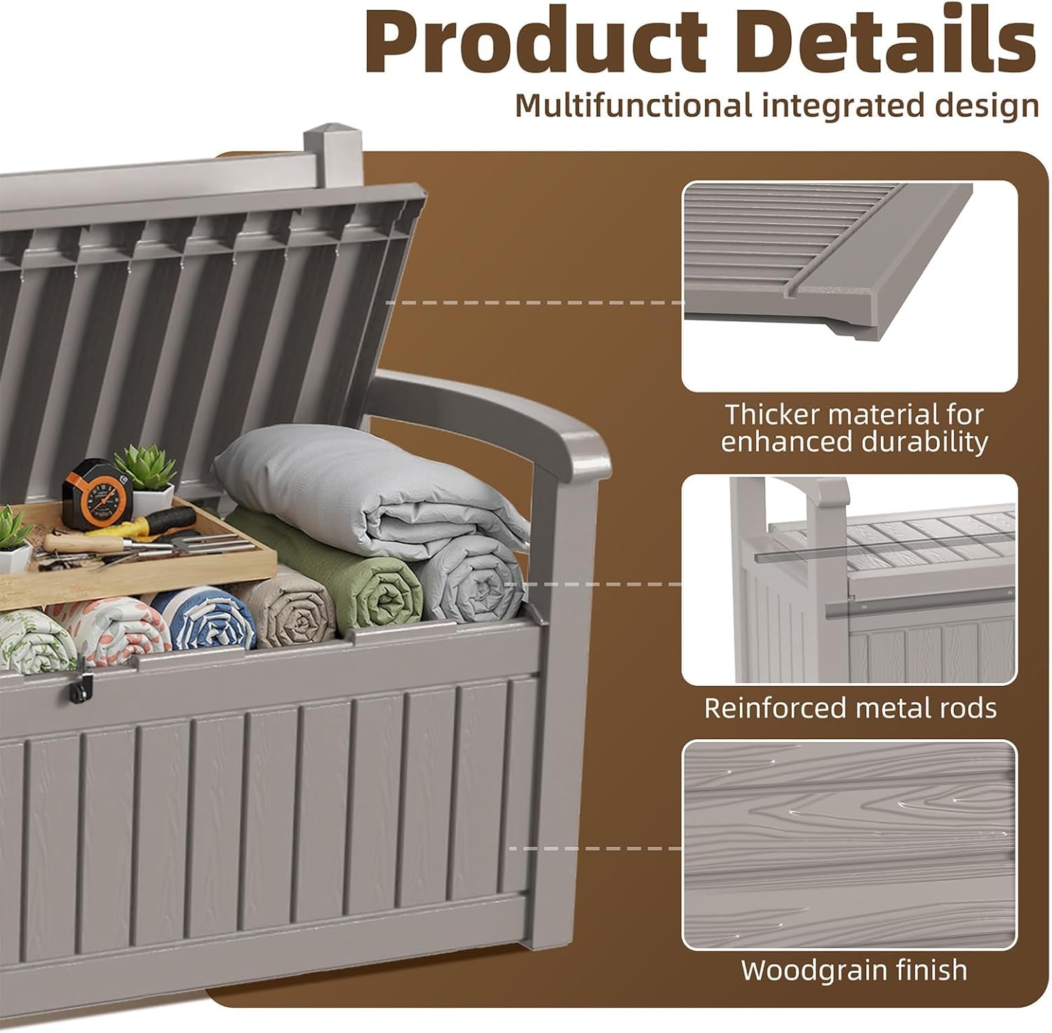 EasyUp 80 Gallon Outdoor Storage Bench, Waterproof Resin Deck Box with Lockable Lid Indoor Outdoor Storage Cushions Furniture Tools for Patio,Garden,and Porch (Gray)