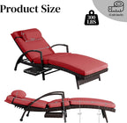Outdoor Patio Chaise Chair Wicker Lounge Chairs for Outside Pool Chaise Lounge Set of 2 PE Rattan Recliners with Side Shelf & 6-Position Adjustable for Deck Yard Beach Poolside, Red