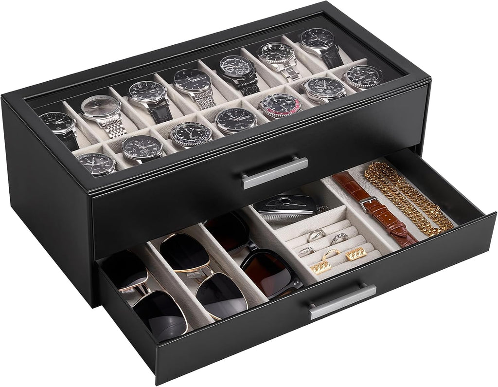 ProCase 14-Slot Watch Box, 2-Tier Pull-Out Drawers Display Case for Men with Clear Top Lid, Watches Jewelry Sunglass Storage Holder Organizer for Husband Dad, Gift Choice for Father's Day -Black