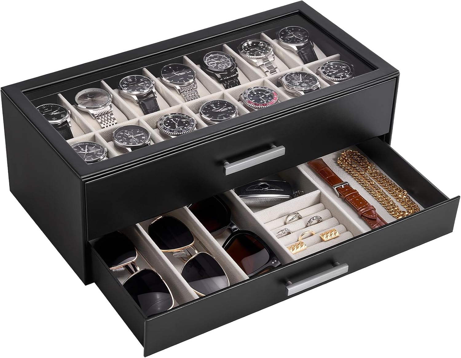 ProCase 14-Slot Watch Box, 2-Tier Pull-Out Drawers Display Case for Men with Clear Top Lid, Watches Jewelry Sunglass Storage Holder Organizer for Husband Dad, Gift Choice for Father's Day -Black