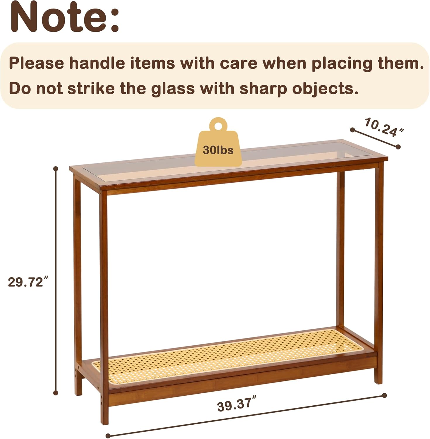 Bamboo Narrow Console Table, 39.4"(L) Wood Small Entryway Table with Rattan and Glass, Accent Slim Hallway Tables, Thin Sofa Side Tables for Hallway, Living Room, Bedroom, Foyer, Walnut