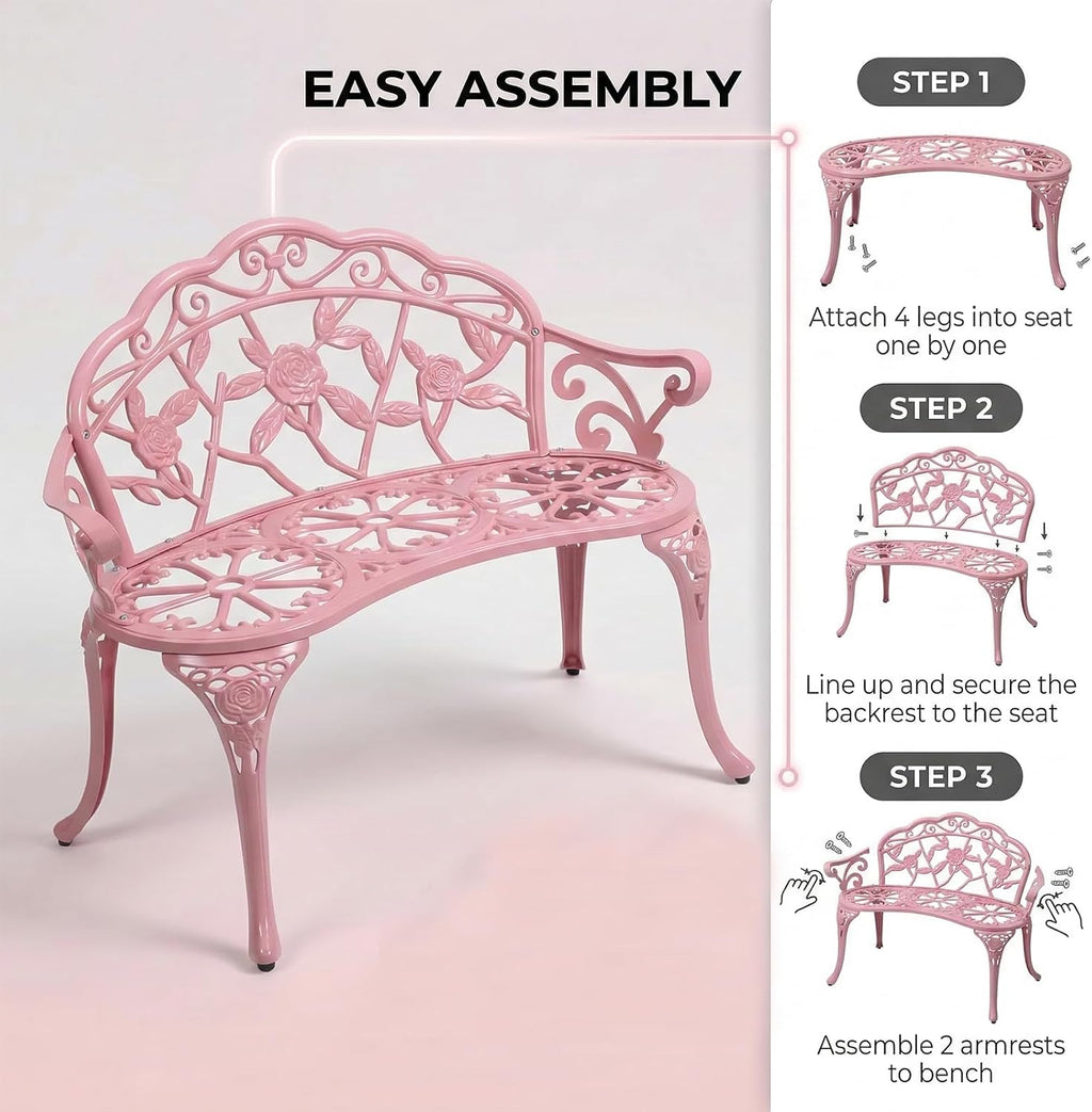 Cast Aluminium Outdoor Bench, Rose Garden Bench for Patio,Park,Lawn,Yard (Pink)
