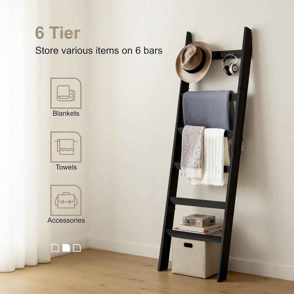 TEAKMAMA 6-Tier Blanket Ladder for Living Room and Bedroom,5.4 Ft Wall Leaning Quilt Rack with Hooks,Rustic Decorative Farmhouse Blanket Storage,Stylish Ladder Holder,Christmas Decorations,Black