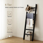 TEAKMAMA 6-Tier Blanket Ladder for Living Room and Bedroom,5.4 Ft Wall Leaning Quilt Rack with Hooks,Rustic Decorative Farmhouse Blanket Storage,Stylish Ladder Holder,Christmas Decorations,Black