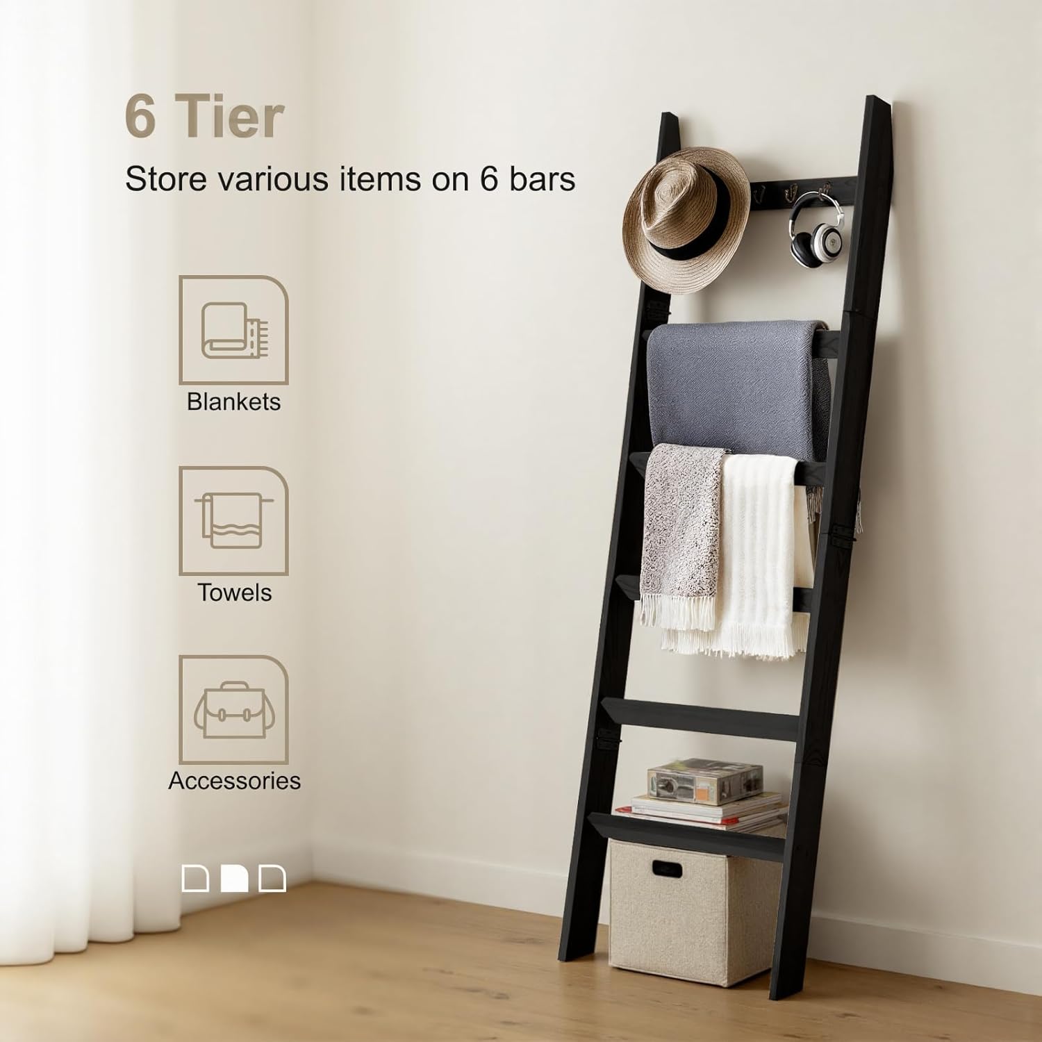 TEAKMAMA 6-Tier Blanket Ladder for Living Room and Bedroom,5.4 Ft Wall Leaning Quilt Rack with Hooks,Rustic Decorative Farmhouse Blanket Storage,Stylish Ladder Holder,Christmas Decorations,Black