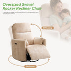 Oversized Power Recliner with Massage and Heat, Swivel Rocker Recliner with Adjustable Headrest, Glider Recliner Nursery Chair with 2 Pillows, rocking nursery recliner for Living Room,Chenille Beige