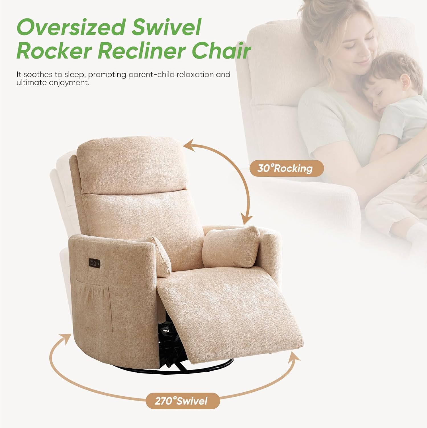Oversized Power Recliner with Massage and Heat, Swivel Rocker Recliner with Adjustable Headrest, Glider Recliner Nursery Chair with 2 Pillows, rocking nursery recliner for Living Room,Chenille Beige