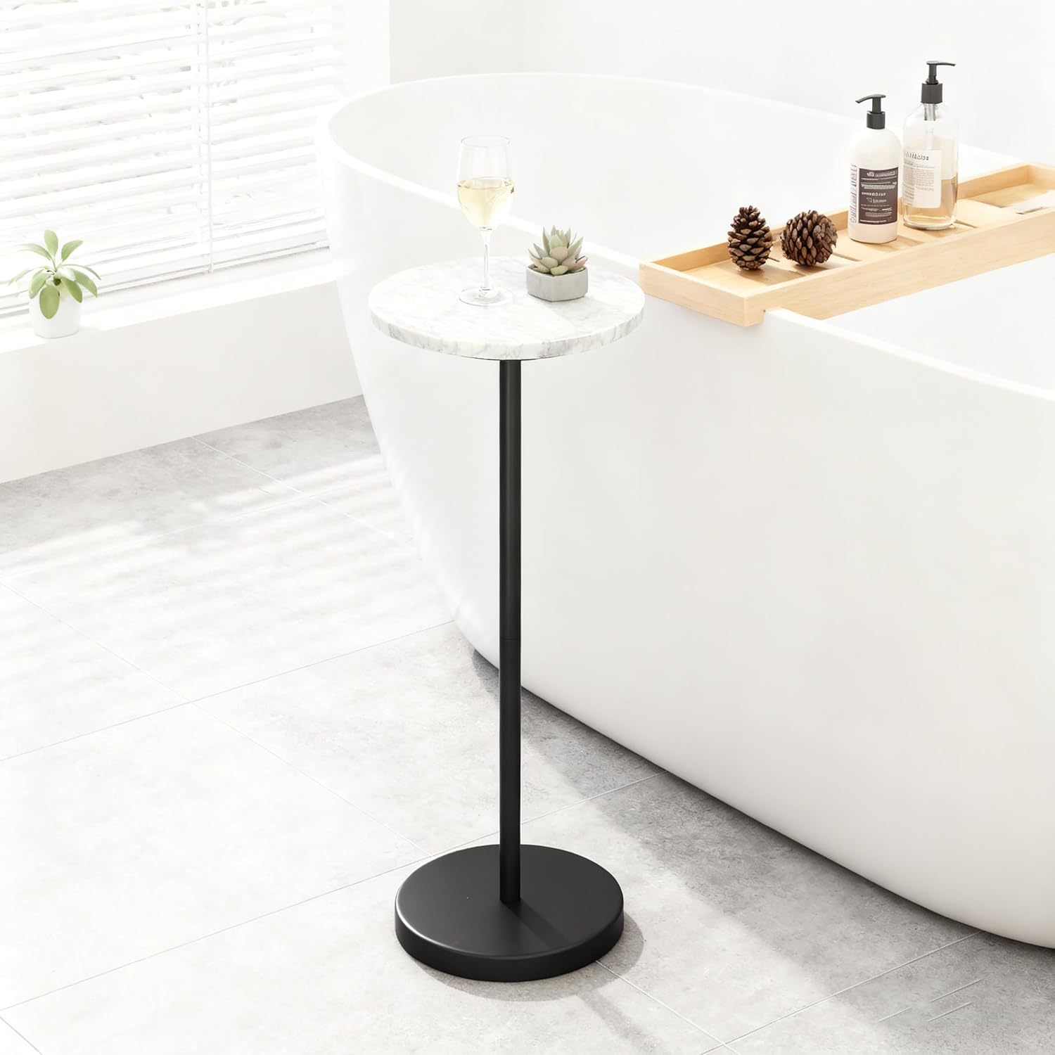 COVLON Nature Marble Drink Table, Pedestal Table, Small Round Side Table, Martini Table for Living Room, Bathroom, Small Space, Black 1