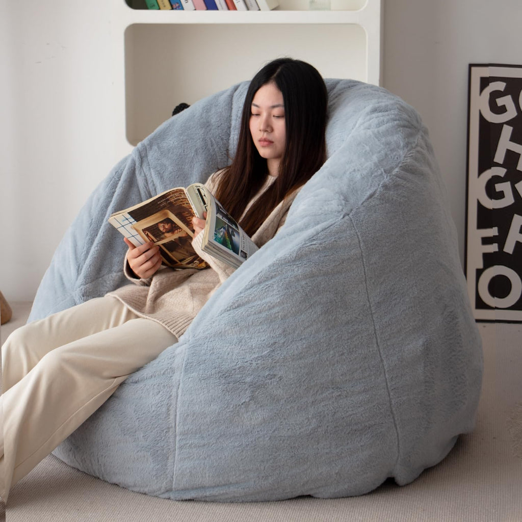 N&V Large Shell Bean Bag Chair, Adult Size Bean Bag Sack, Foam Filling, Includes Removable and Machine Washable Cover, 40in, Soft Faux Fur, Grey