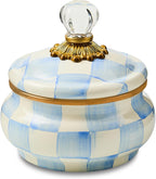 MACKENZIE-CHILDS Enamel Squashed Pot, Enamelware Storage Canister with Lid, 20-Ounce Capacity, Light-Blue-and-White Sky Check