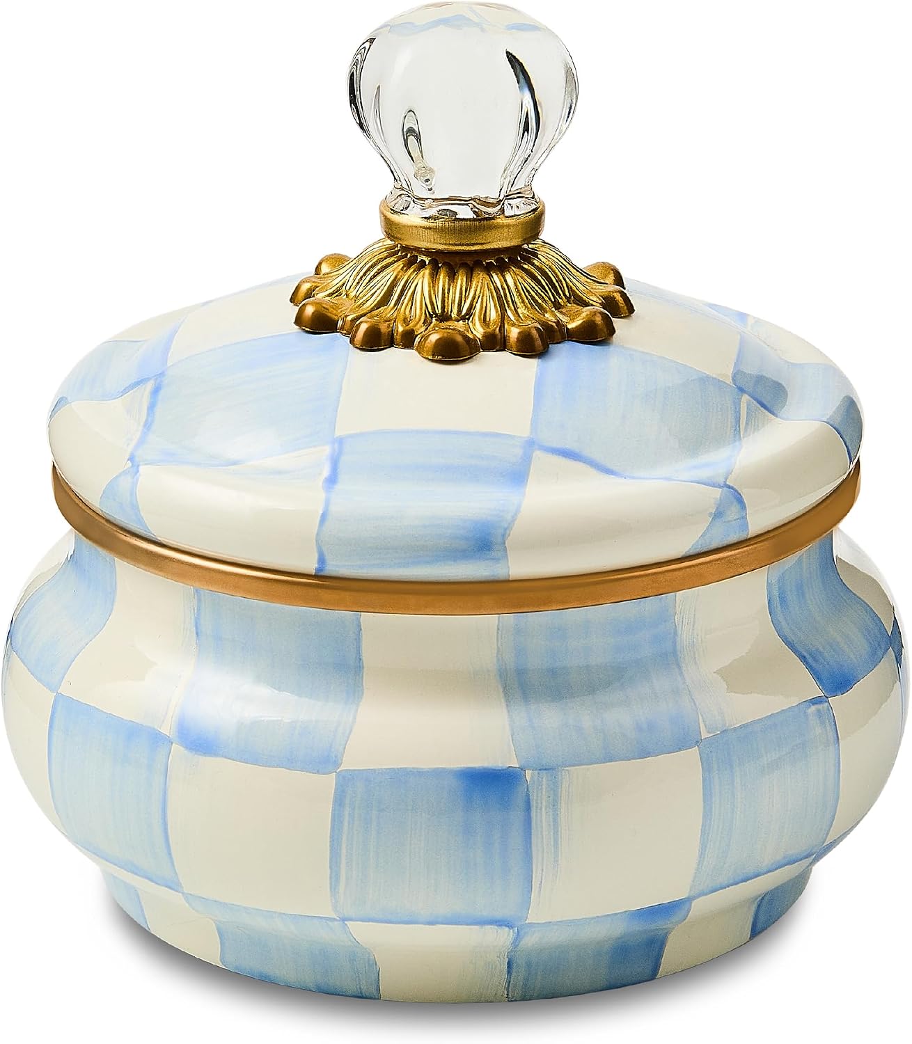 MACKENZIE-CHILDS Enamel Squashed Pot, Enamelware Storage Canister with Lid, 20-Ounce Capacity, Light-Blue-and-White Sky Check