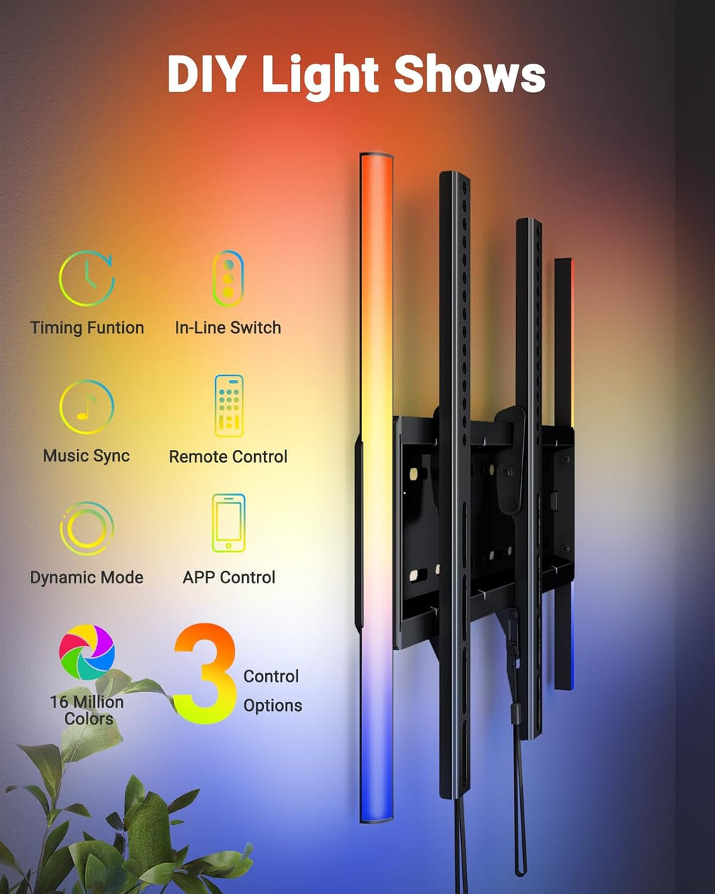 PERLESMITH Tilt TV Wall Mount with LED Light, TV Mount for 26–60 Inch TVs up to 115 lbs, Low Profile Backlit TV Bracket with Music Sync, Fits 8″/16″ Wood Studs, Max VESA 400x400mm, PSTVM74B