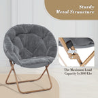 Athena Collection Round Saucer Chair with Ottoman Set for Adults, Oversize Comfy Cozy Faux Fur Folding Reading Chair with Metal Leg Lazy Relaxing for Living Room Bedroom Dorm Apartment, Grey