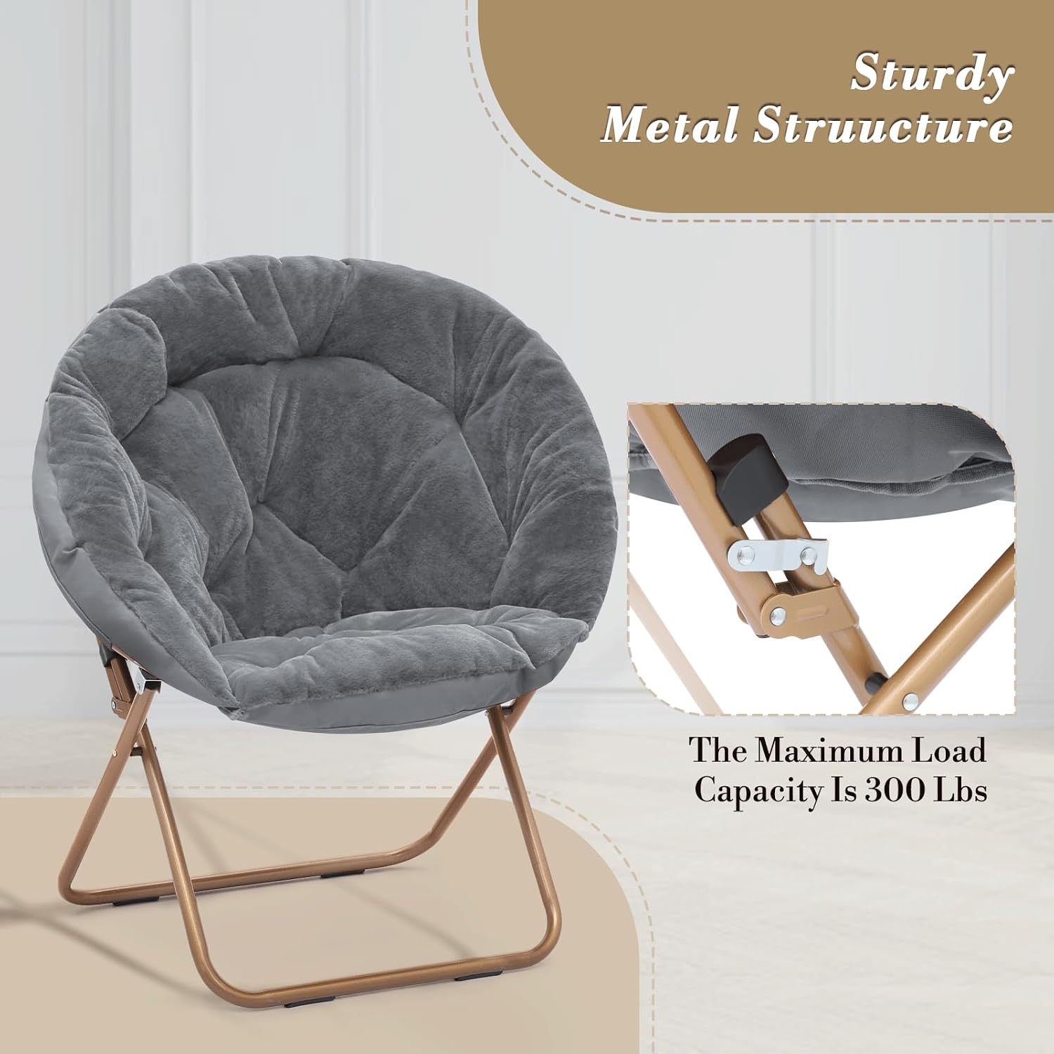 Athena Collection Round Saucer Chair with Ottoman Set for Adults, Oversize Comfy Cozy Faux Fur Folding Reading Chair with Metal Leg Lazy Relaxing for Living Room Bedroom Dorm Apartment, Grey