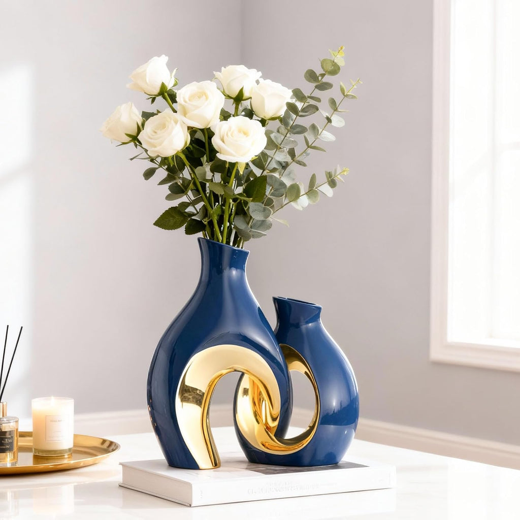 Hollow Ceramic Vase Set of 2,Nordic Modern Boho Decorative Ceramic Aesthetic Flower Vase for Home Decor,Minimalist Centerpiece Table Decorations,Wedding,Living Room,Bookshelf,Entryway (Blue)