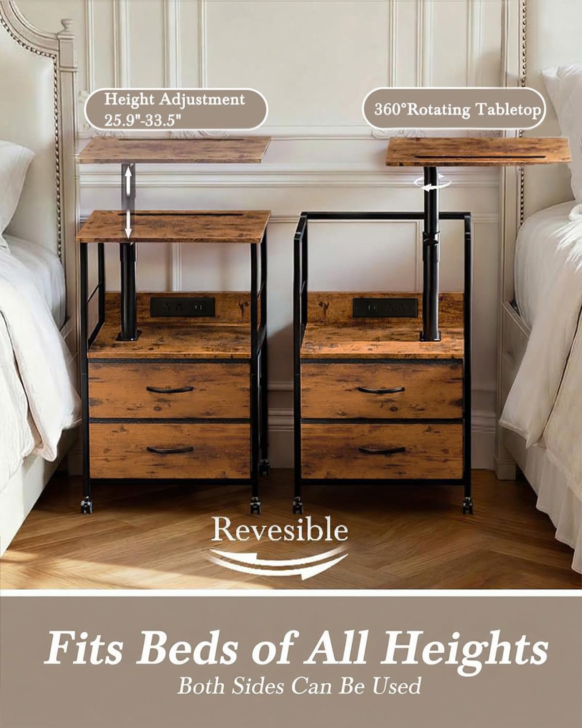 Faesun Swivel Lift Top Nightstand with Charging Station, Rolling Side Table for Recliner, Bedside Table with Wheels & 2 Fabric Drawers, for Small Spaces, for Bedroom, Living Room, Brown