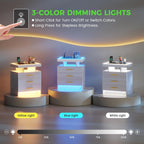 HNEBC LED Nightstand with 3 Color Motion Sensor Lights for Bedroom,White | Smart Bedside Table with USB-C Charging Station,3 Drawers,Tempered Glass Top,High Gloss Night Stand for Living Room,Office