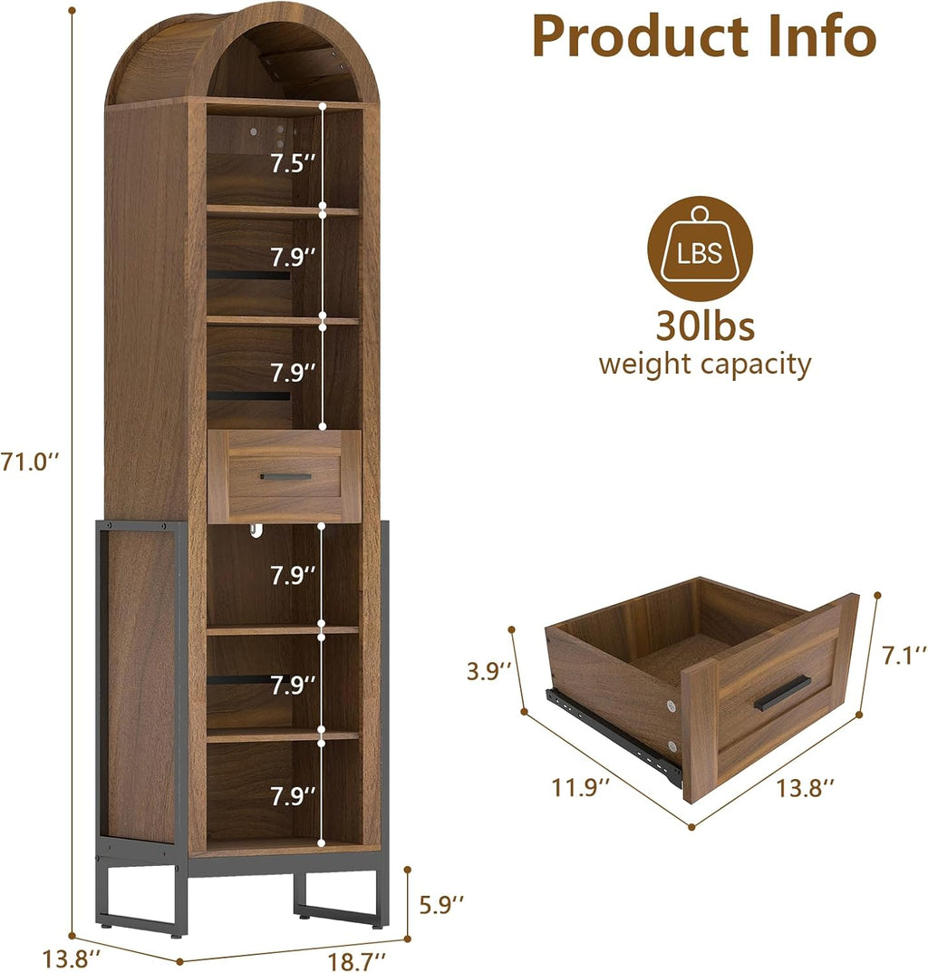 YU YUSING 71" Tall Shoe Storage Cabinet, 8 Tiers Arched Shoe Rack Organizer with Drawer, Freestanding Shoe Closet Shelf with Open Storage for Closet, Entryway, Living Room