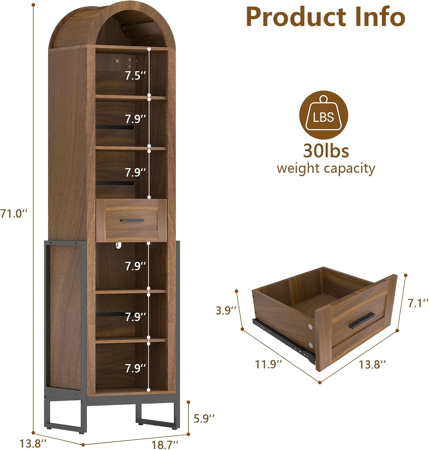 YU YUSING 71" Tall Shoe Storage Cabinet, 8 Tiers Arched Shoe Rack Organizer with Drawer, Freestanding Shoe Closet Shelf with Open Storage for Closet, Entryway, Living Room