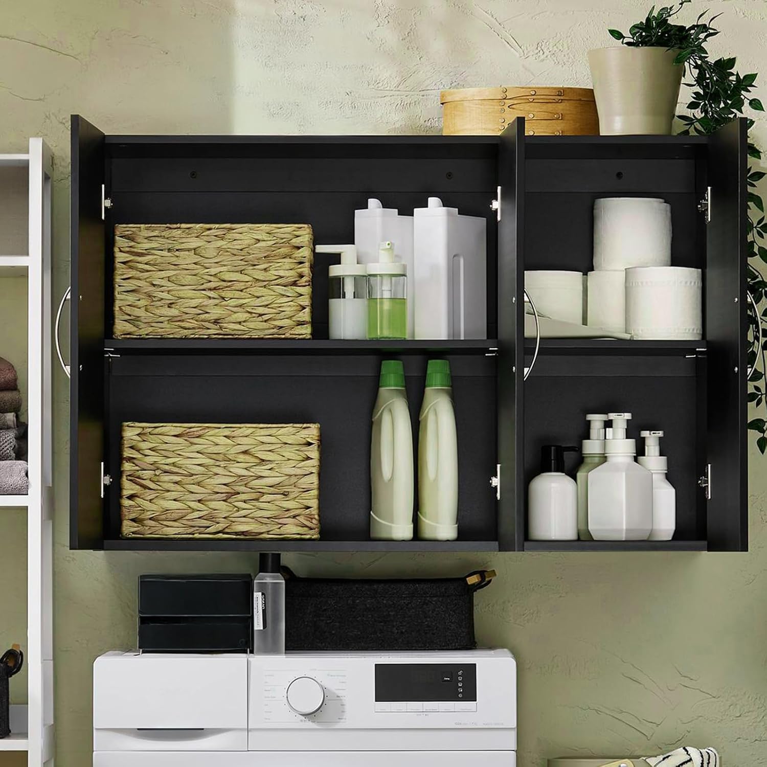 3-Doors Bathroom and Laundry Room Wall Cabinet with Adjustable Shelves, Medicine Cabinet, Wall Mounted MDF Storage Organizer Over Toilet or Washer, Black, HUS-FRG231-L