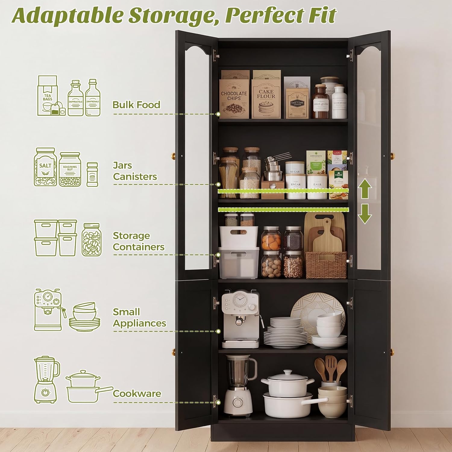 Cyclysio 80" Tall Pantry Cabinet Set of 3, Black Kitchen Storage Cabinet with Arched Glass Doors, 3 Drawers & Cupboard, Flush-to-Wall Coffee Bar Hutch with Baseboard Cutout for Dining Room