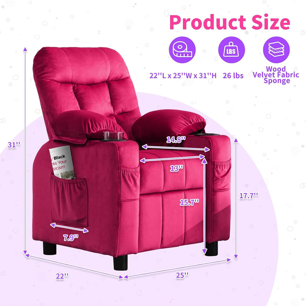 Kids Recliner, Toddlers Kids Recliner Chair with Cup Holder, Ergonomic Adjustable Velvet Lounge Chair with Footrest & Side Pockets, Toddlers Baby Sofa for Boys Girls Bedroom (Rose Pink)