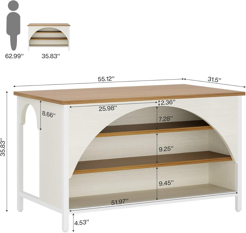 Tribesigns Kitchen Island with 3 Storage Shelves, 55" W Kitchen Shelf with Large Countertop and Seating Area, Modern Wooden Coffee Bar Table (White)
