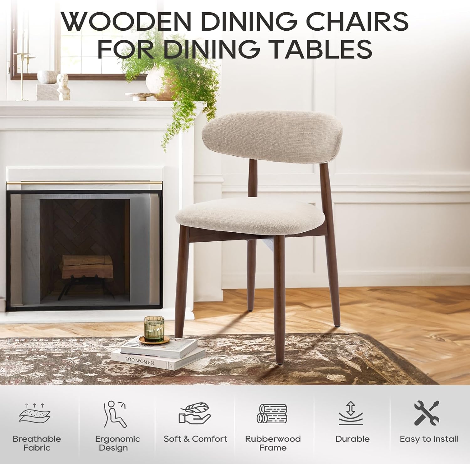 COLAMY Wooden Dining Chairs Set of 2, Modern Fabric Upholstered Kitchen Side Chairs, Farmhouse Dining Room Chair with Foot Pegs, Beige