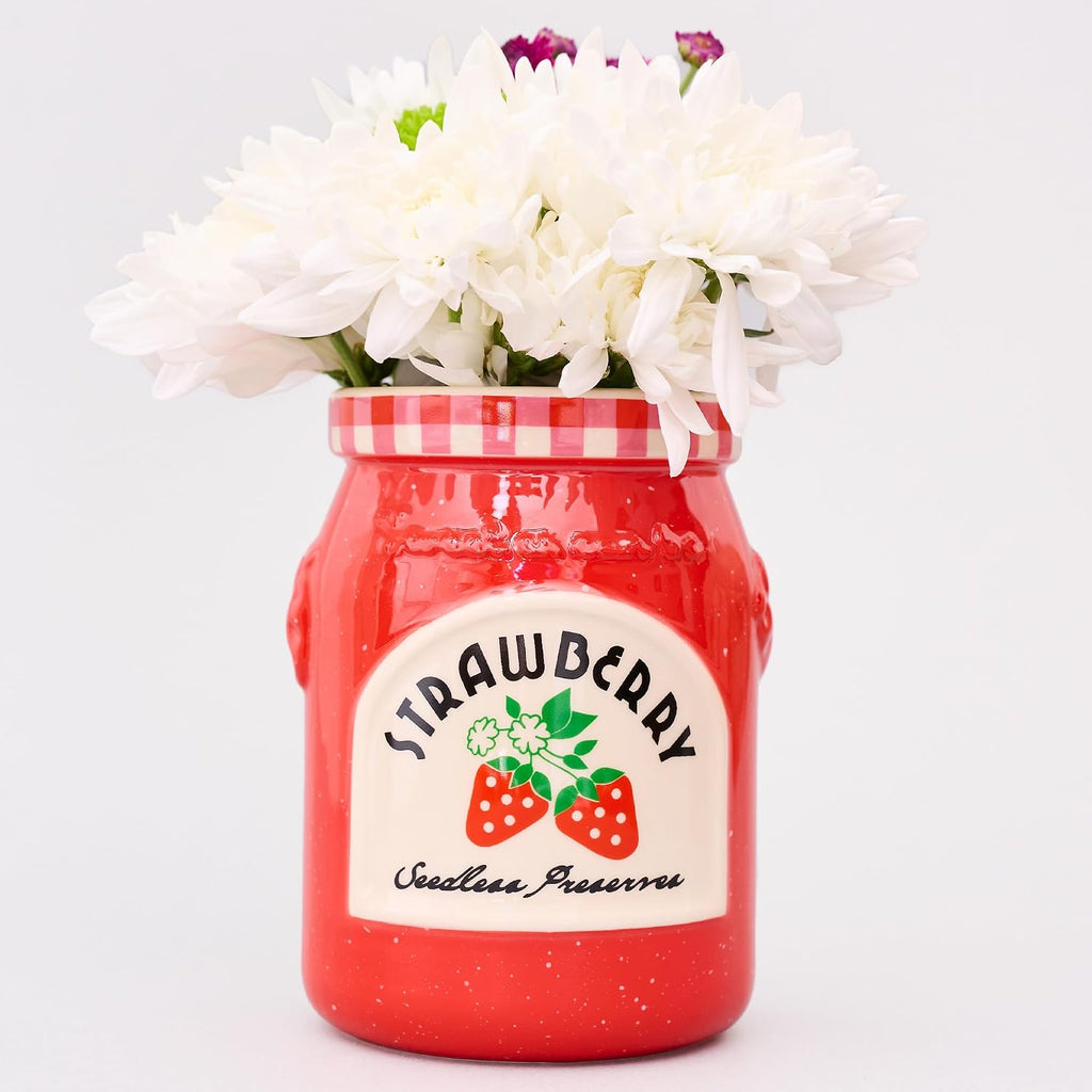 ban.do Ceramic Petite Vase, Strawberry Jam | 3.5" x 5.2" Cute Small Flower Vase with Jar Design, Multi-Purpose Desk Cup, Makeup Brush Holder, and Kitchen Organizer